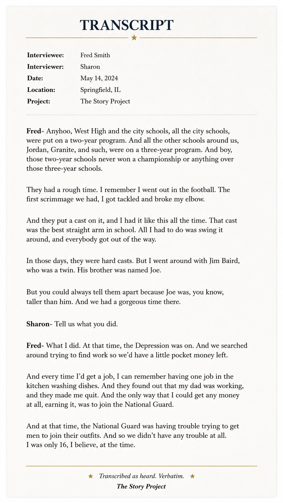 Written legacy keepsake transcript example